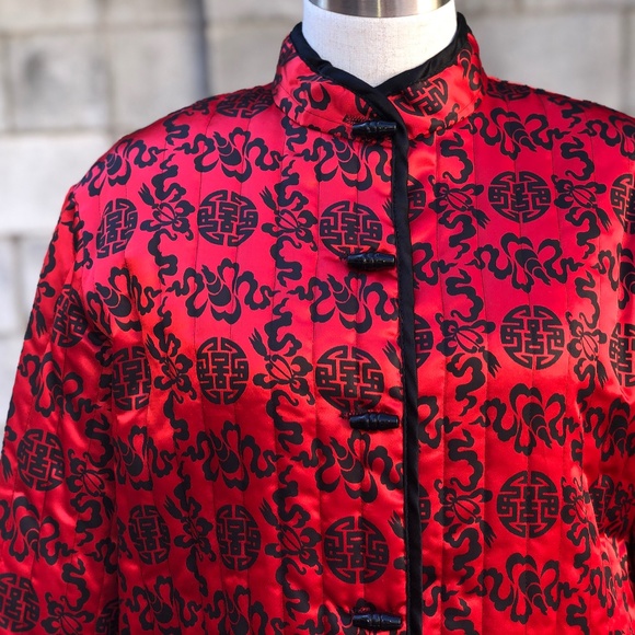 Vintage Womens Red Black Quilted Asian Jacket